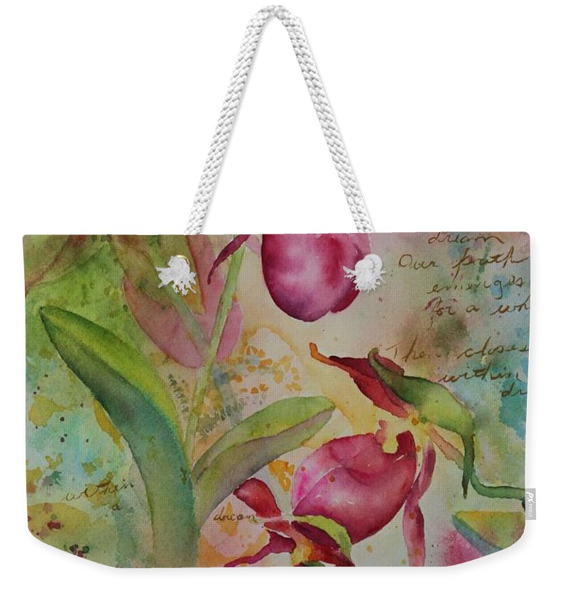 Ladyslippers Weekender Tote Bag featuring the painting Days of Wine and Roses by Ruth Kamenev