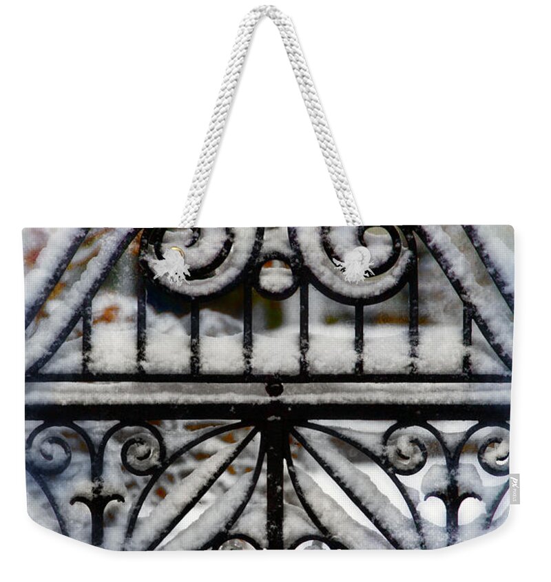 Home Weekender Tote Bag featuring the photograph Decorative Iron Gate in Winter by Jill Battaglia