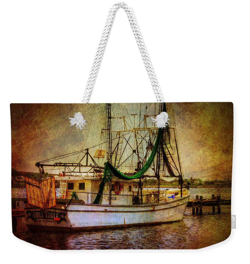 Shrimp Boat Weekender Tote Bag featuring the photograph Docked in Backbay by Barry Jones