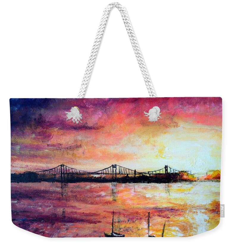 Bridge Weekender Tote Bag featuring the painting Down by the Bay by Shana Rowe Jackson