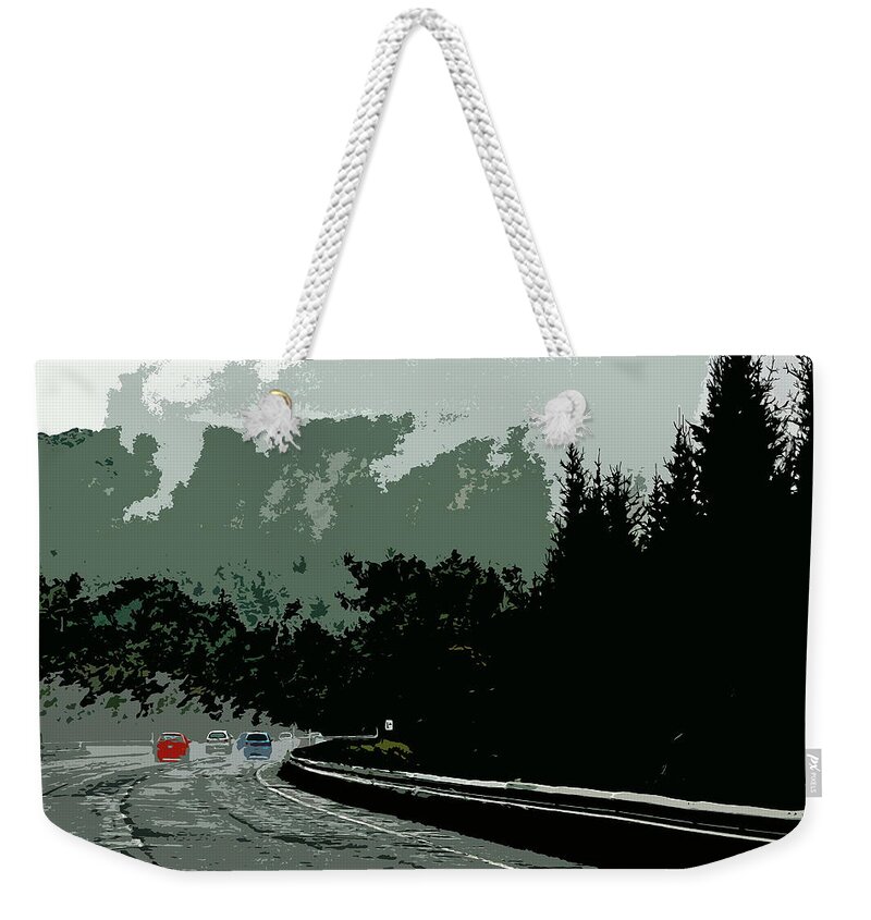 Cars Weekender Tote Bag featuring the photograph Downhill In The Rain by Burney Lieberman