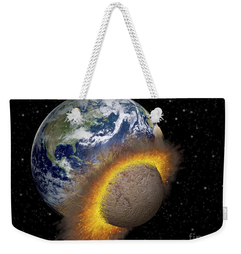 Digitally Generated Image Weekender Tote Bag featuring the digital art Earth Colliding With A Mars-sized by Ron Miller
