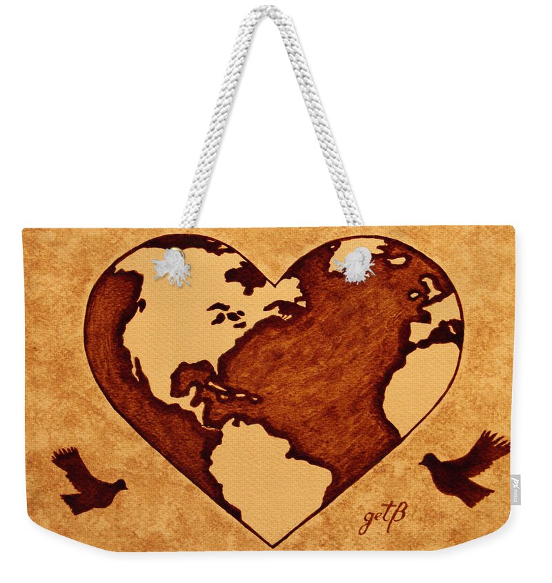 Earth Coffee Art Weekender Tote Bag featuring the painting Earth Day Gaia Celebration coffee painting by Georgeta Blanaru
