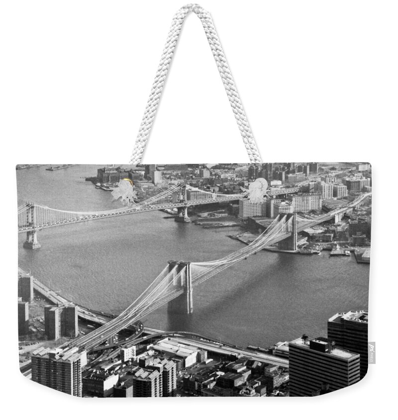1980s Weekender Tote Bag featuring the photograph East River bridges New York by Gary Eason