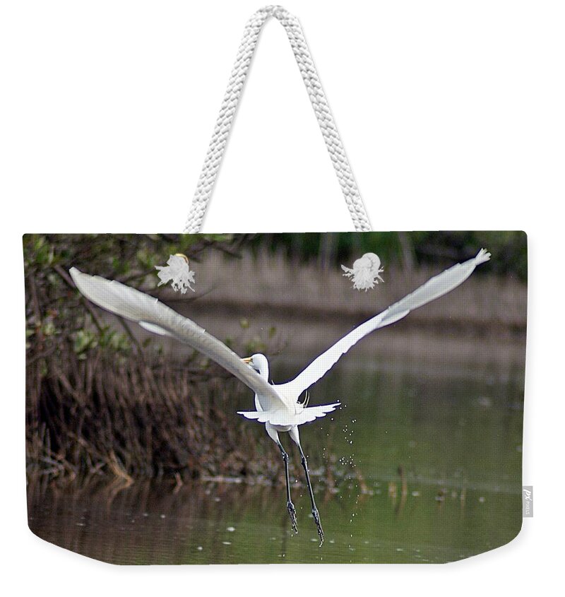 Egret Weekender Tote Bag featuring the photograph Egret in Flight by Joe Faherty