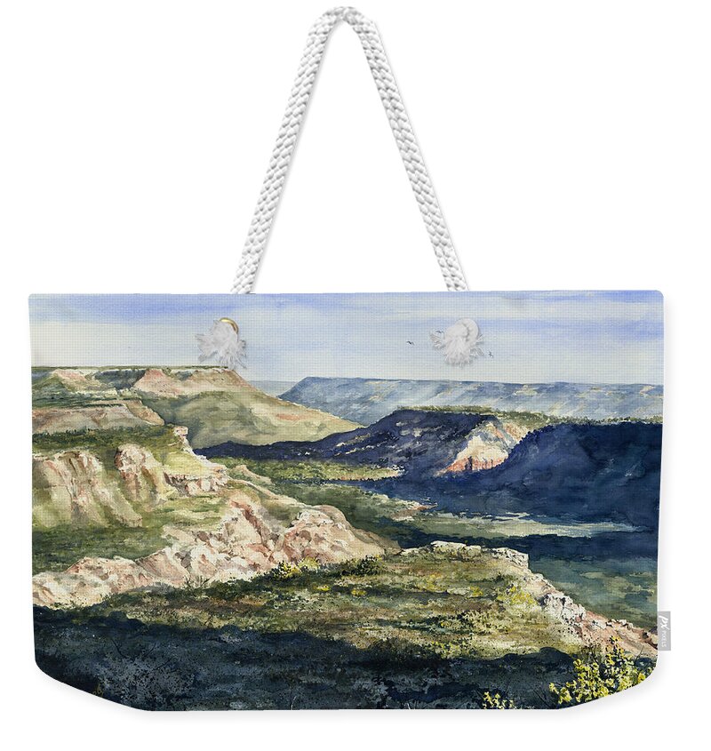 Canyon Weekender Tote Bag featuring the painting Evening Flight Over Palo Duro Canyon by Sam Sidders