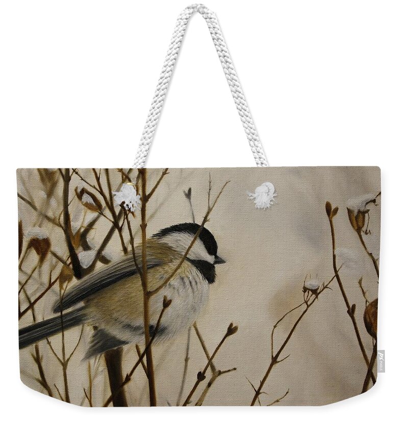 Chickadee Weekender Tote Bag featuring the painting Faithful Winter Friend by Tammy Taylor