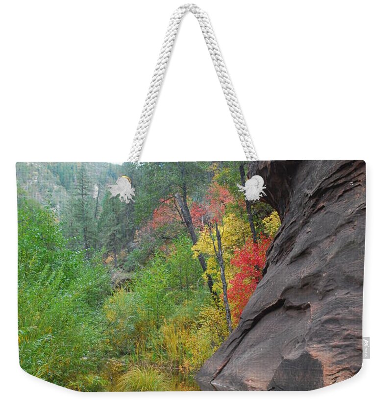 Sedona Weekender Tote Bag featuring the photograph Fall Peeks from behind the Rocks by Heather Kirk