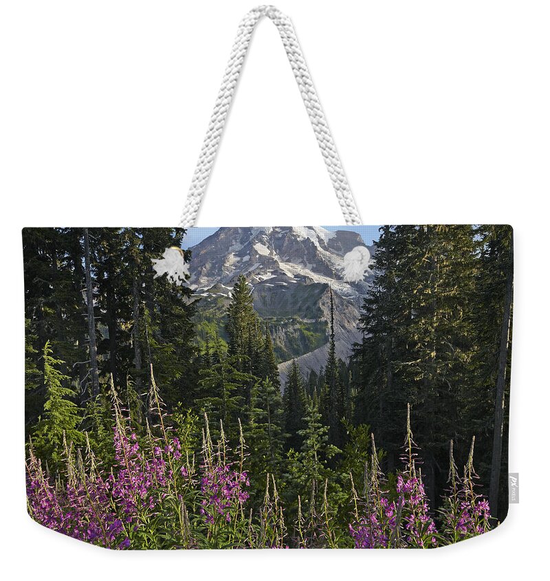 00437813 Weekender Tote Bag featuring the photograph Fireweed Flowering And Mount Rainier by Tim Fitzharris