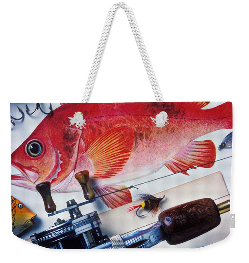 Fishing Lures Bobbers Color Colour Plastic Replica Interest Pass Weekender Tote Bag featuring the photograph Fish bookplates and tackle by Garry Gay