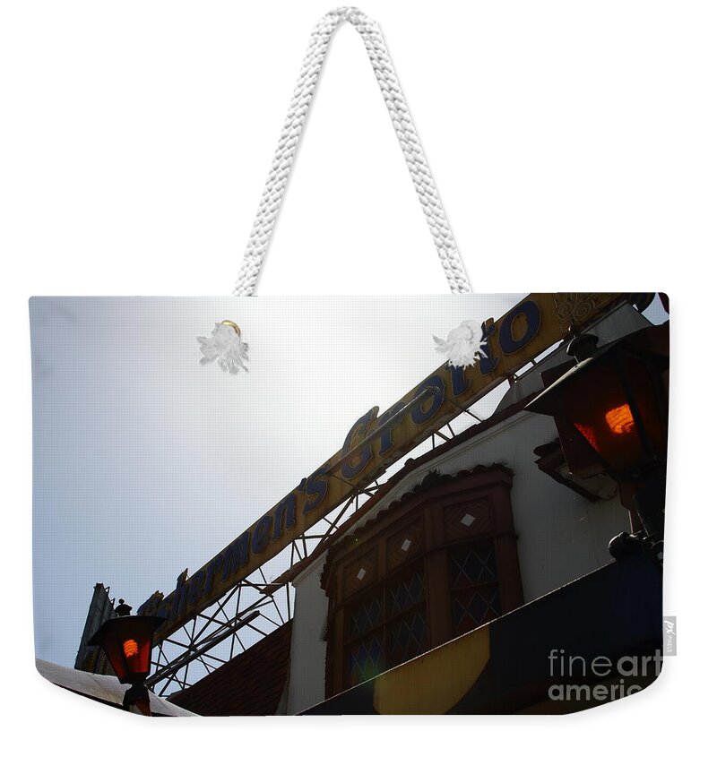 San Francisco Weekender Tote Bag featuring the photograph Fishermen.s Grotto Restaurant in Silhouette . Fisherman.s Wharf . San Francisco California . 7D14458 by Wingsdomain Art and Photography