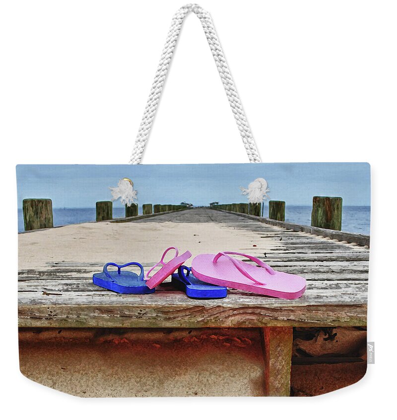 Alabama Photographer Weekender Tote Bag featuring the digital art Flip Flops on the Dock by Michael Thomas
