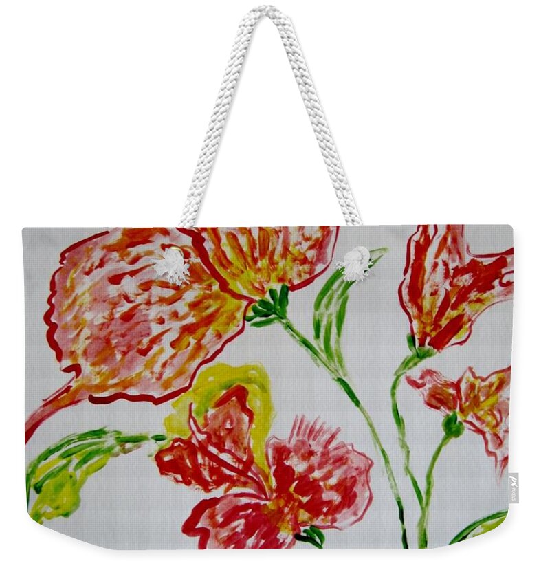 Red Flowers & Green Leaves Weekender Tote Bag featuring the painting Florals by Sonali Gangane