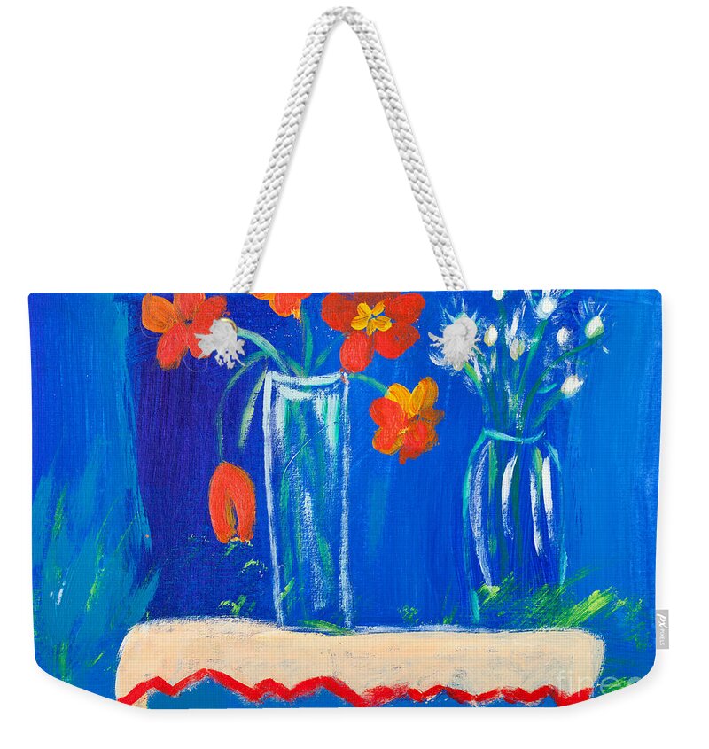 Dahlia Weekender Tote Bag featuring the painting Flowers in Vase by Simon Bratt