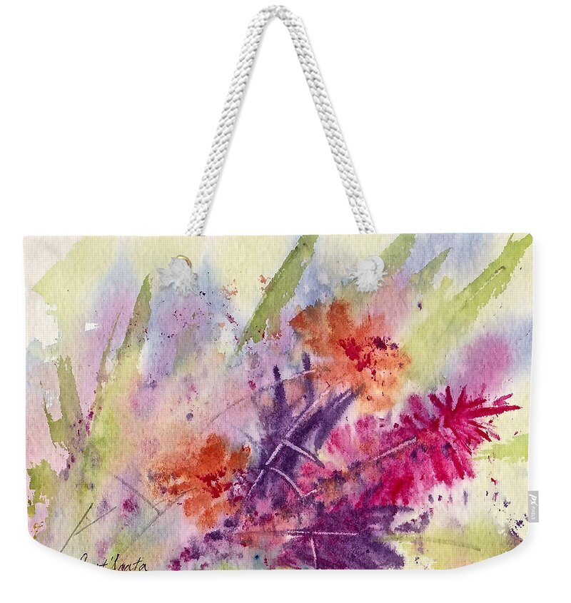Red Weekender Tote Bag featuring the painting Flowerz by Frank SantAgata