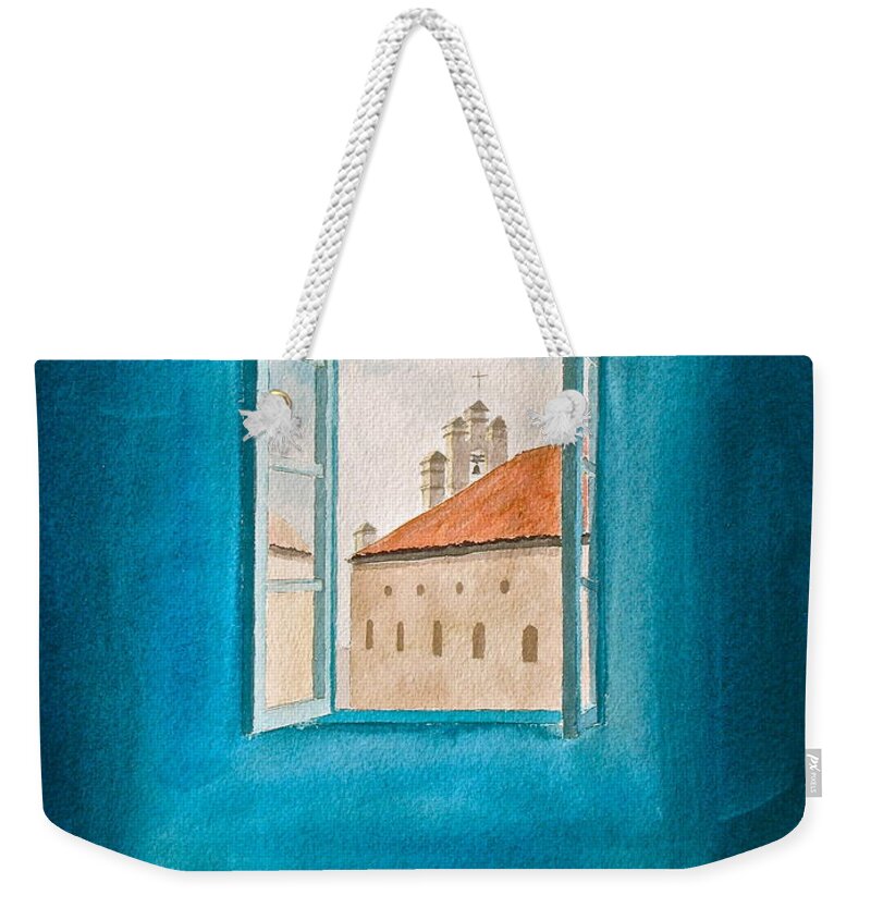 Turquoise Weekender Tote Bag featuring the painting Fly Away by Frank SantAgata