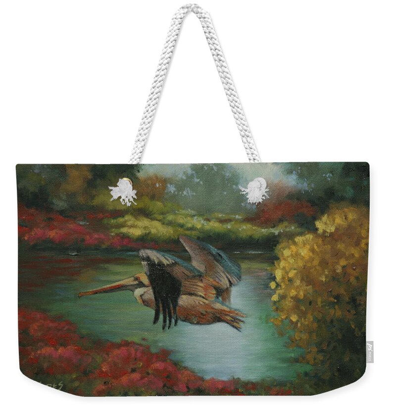 Pelican Weekender Tote Bag featuring the painting Fly By by Linda Eades Blackburn