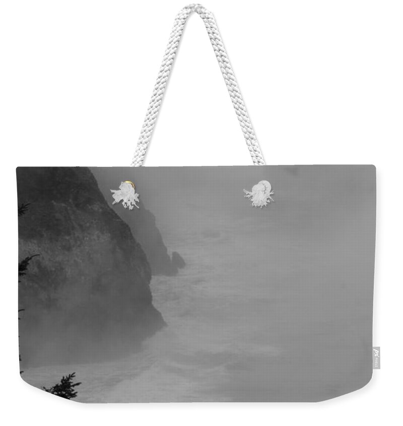 B&w Weekender Tote Bag featuring the photograph Fog and Cliffs of the Oregon Coast by Mick Anderson