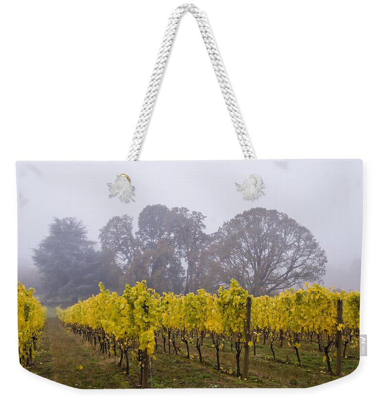 Vineyard Weekender Tote Bag featuring the photograph Fog in the Fall by Jean Noren