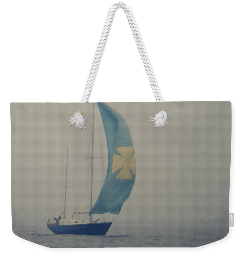 Sailboat Weekender Tote Bag featuring the digital art Foggy Genoa by Lin Grosvenor