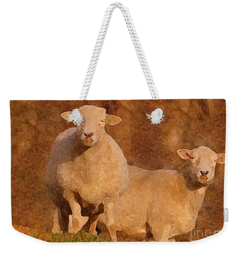 Sheep Weekender Tote Bag featuring the mixed media Follow by Lydia Holly
