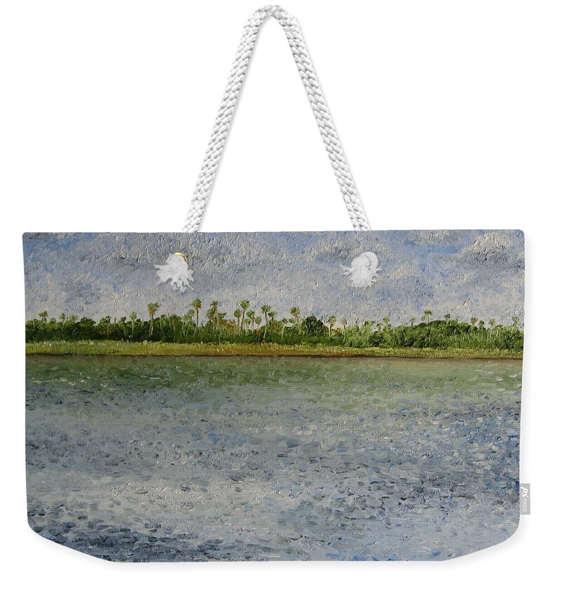 Landscape Weekender Tote Bag featuring the painting Fort Island Trail Park by Larry Whitler