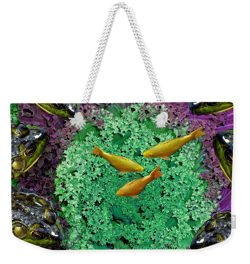 Kale Weekender Tote Bag featuring the mixed media Froggery 2 With Koi by Lynda Lehmann