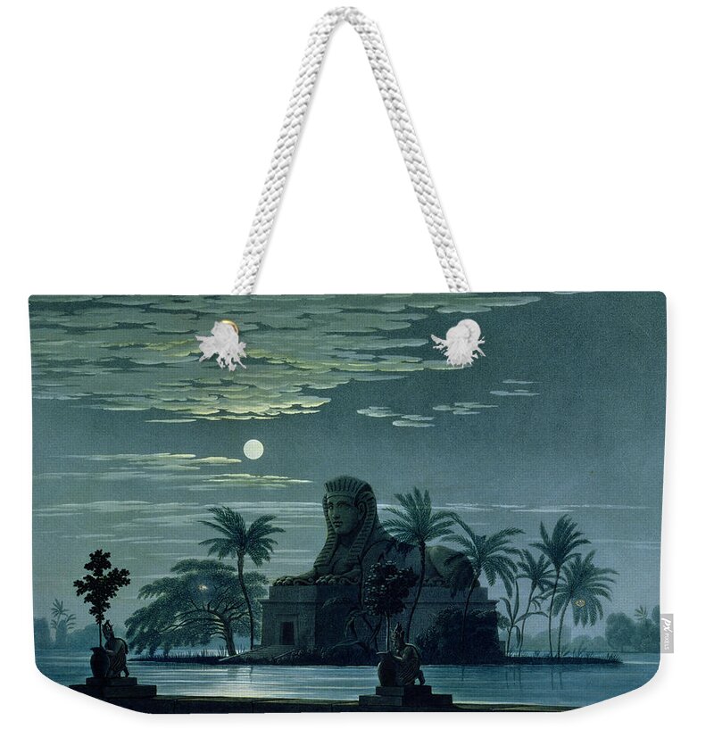 Moon Weekender Tote Bag featuring the painting Garden scene with the Sphinx in moonlight by KF Schinkel