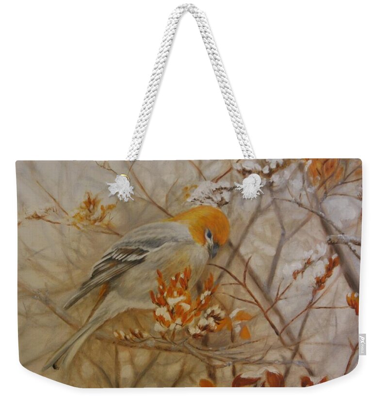 Pine Grosbeak Weekender Tote Bag featuring the painting Generous Provision by Tammy Taylor