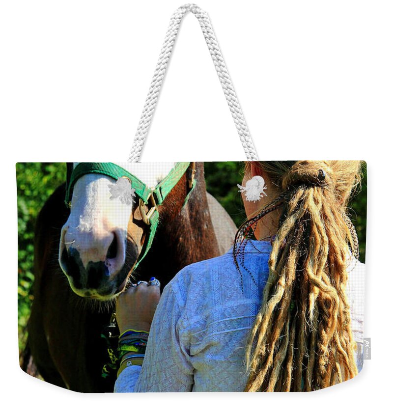  Weekender Tote Bag featuring the photograph 'Ghostface and Golden Dreads' by PJQandFriends Photography