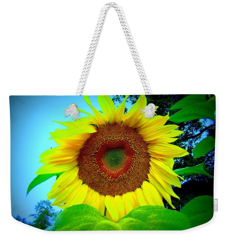 Sunflower Weekender Tote Bag featuring the photograph Giant kissing Sunflower by Lisa Rose Musselwhite