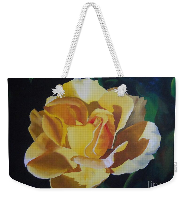 Goldne Showers Rose Weekender Tote Bag featuring the painting Golden Showers Rose by Yenni Harrison
