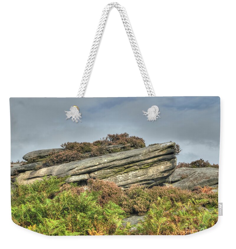 Millstone Edge Weekender Tote Bag featuring the photograph Gritstone outcrop - colour by Steev Stamford