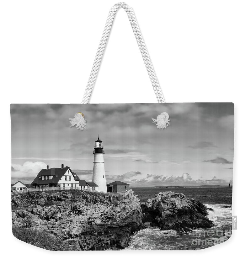 Lighthouse Weekender Tote Bag featuring the photograph Guarding Ship Safety bw by Sue Karski
