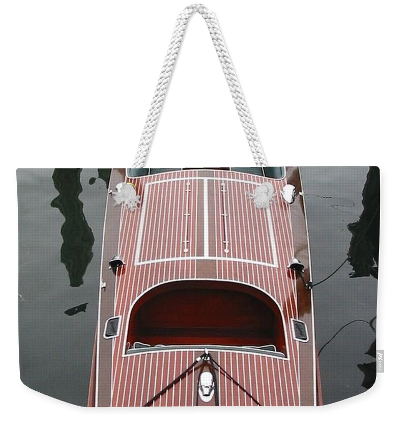 Speedboat Weekender Tote Bag featuring the photograph Hacker Craft at the Ready by Lin Grosvenor