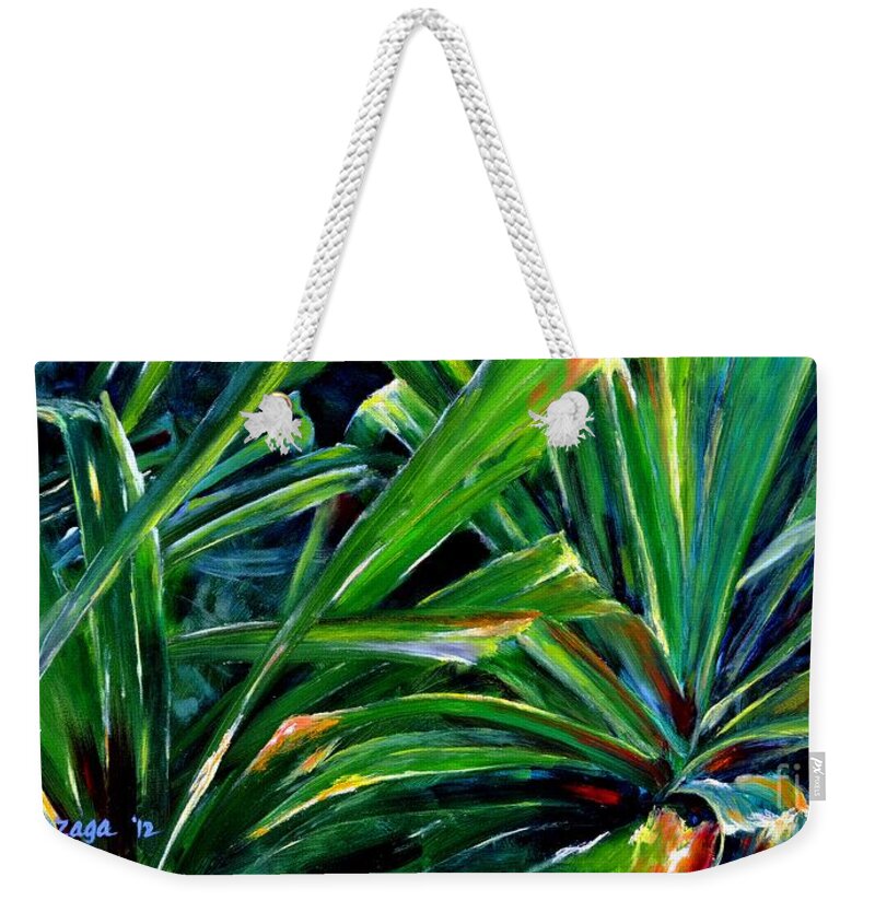 Hawaiian Tree Weekender Tote Bag featuring the painting Hala by Larry Geyrozaga
