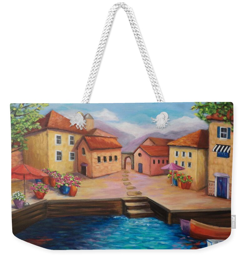 Landscape Weekender Tote Bag featuring the painting Harbourfront by Rosie Sherman