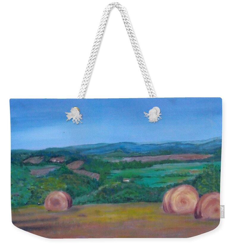 Country Weekender Tote Bag featuring the painting Hay Bales by Christine Lathrop