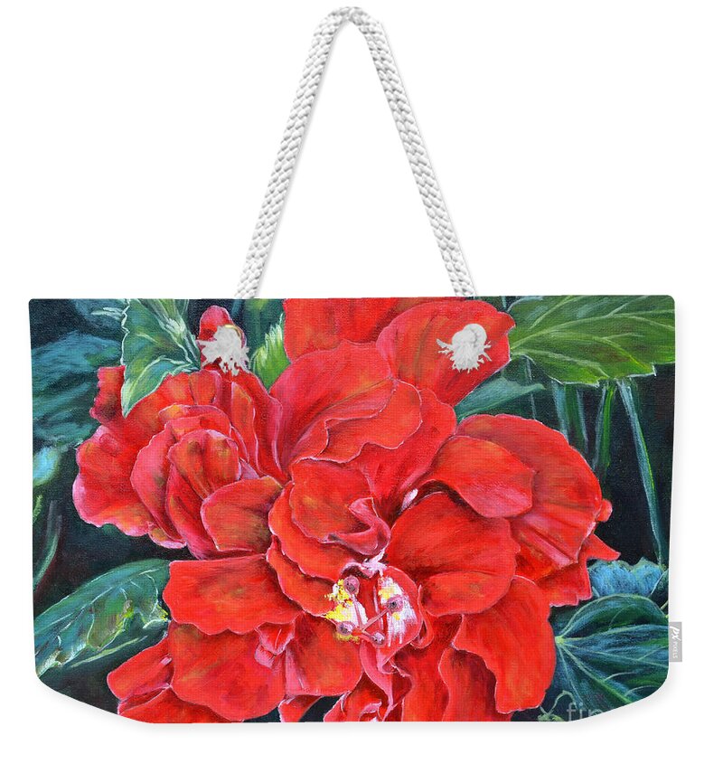 Flower Weekender Tote Bag featuring the painting Hibiscus by Larry Geyrozaga