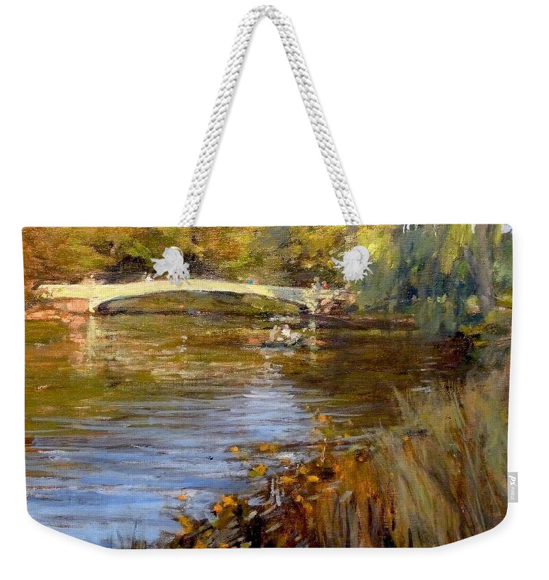 Plein-air Paintings Weekender Tote Bag featuring the painting In Central Park - Summer Afternoon near Bow Bridge by Peter Salwen