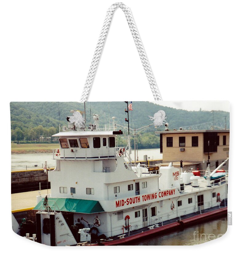 Towboat Weekender Tote Bag featuring the photograph In the Locks at Hannibal by Susan Stevens Crosby