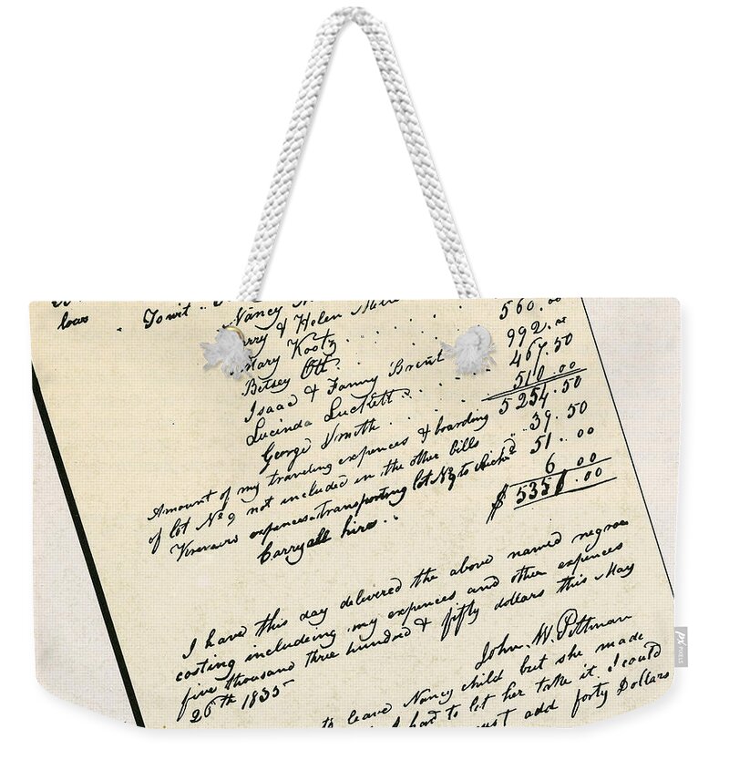 Slavery Weekender Tote Bag featuring the photograph Invoice Of A Sale Of Black Slaves by Photo Researchers