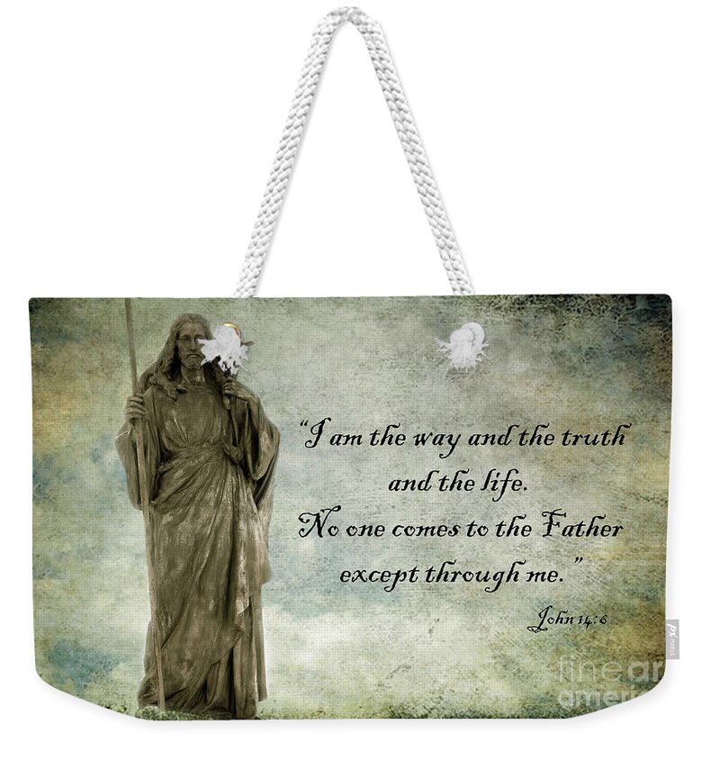 Jesus Weekender Tote Bag featuring the digital art Jesus - Christian Art - Religious Statue of Jesus - Bible Quote by Kathy Fornal