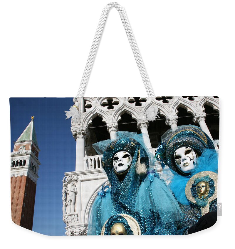 Venice Carnival Weekender Tote Bag featuring the photograph Josiane and Her Other Half at St. Mark's by Donna Corless