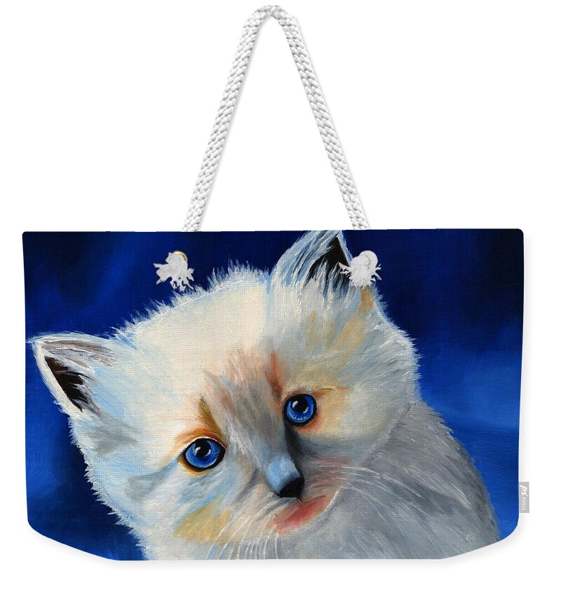 Kitten Weekender Tote Bag featuring the painting Kitten in Blue by Vic Ritchey