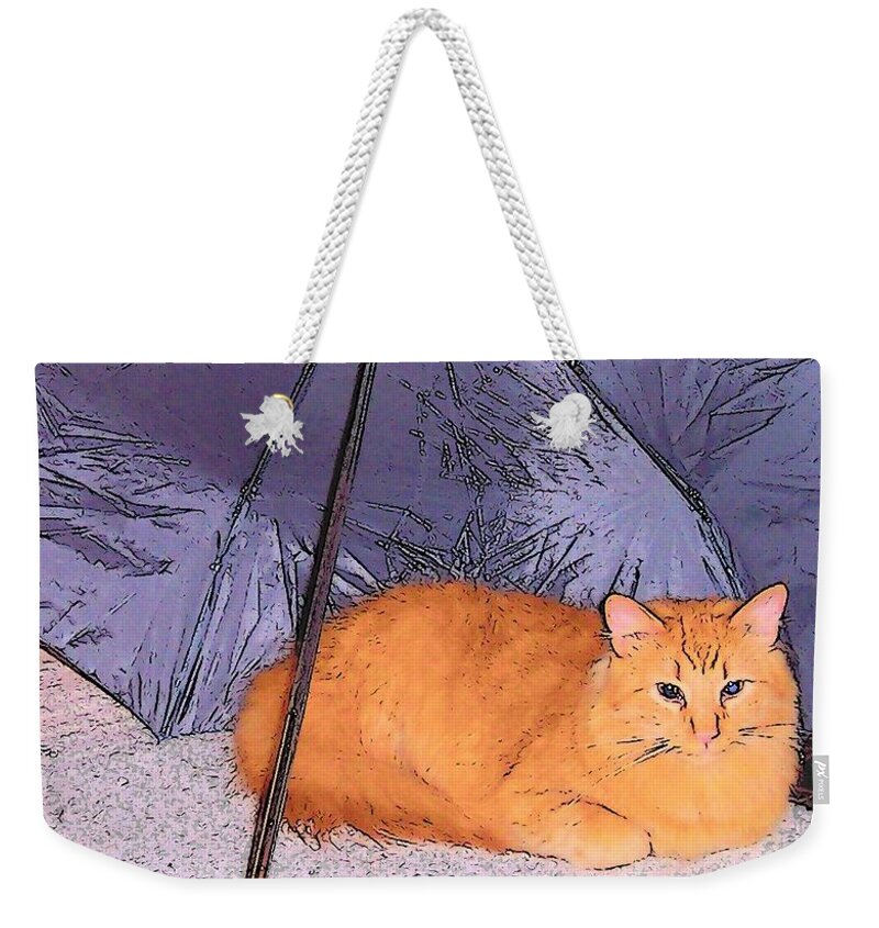 Cat Weekender Tote Bag featuring the photograph Kitty Under an Umbrella by Nancy Patterson