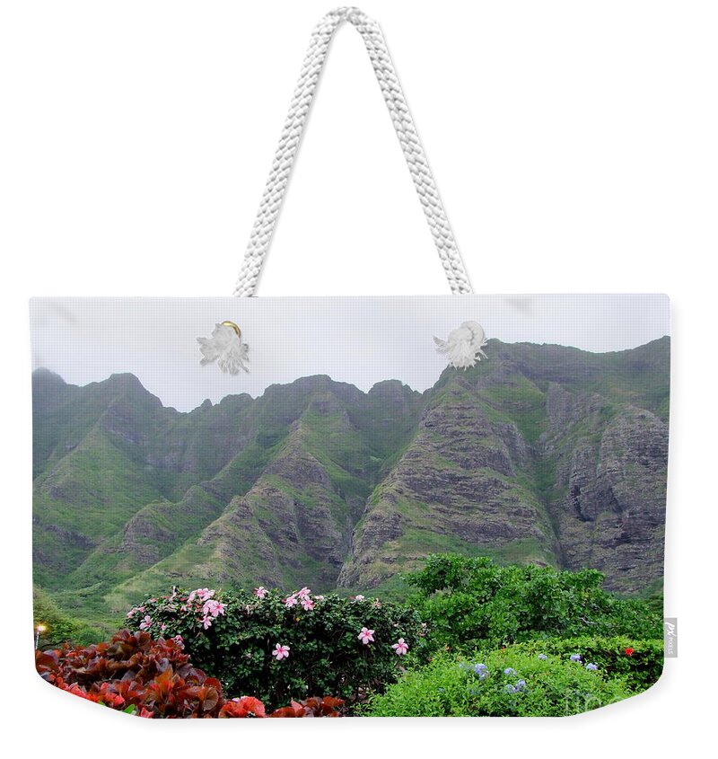 Lava Cliffs Weekender Tote Bag featuring the photograph Kualoa Lava Cliffs by Mary Deal