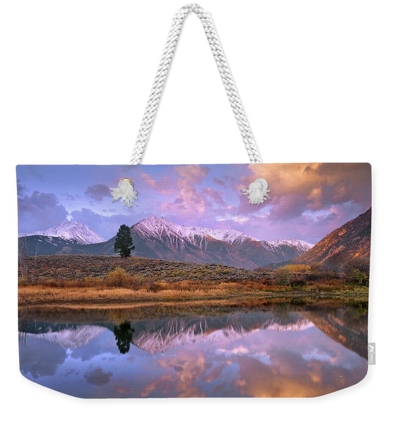 00175828 Weekender Tote Bag featuring the photograph La Plata And Twin Peaks by Tim Fitzharris