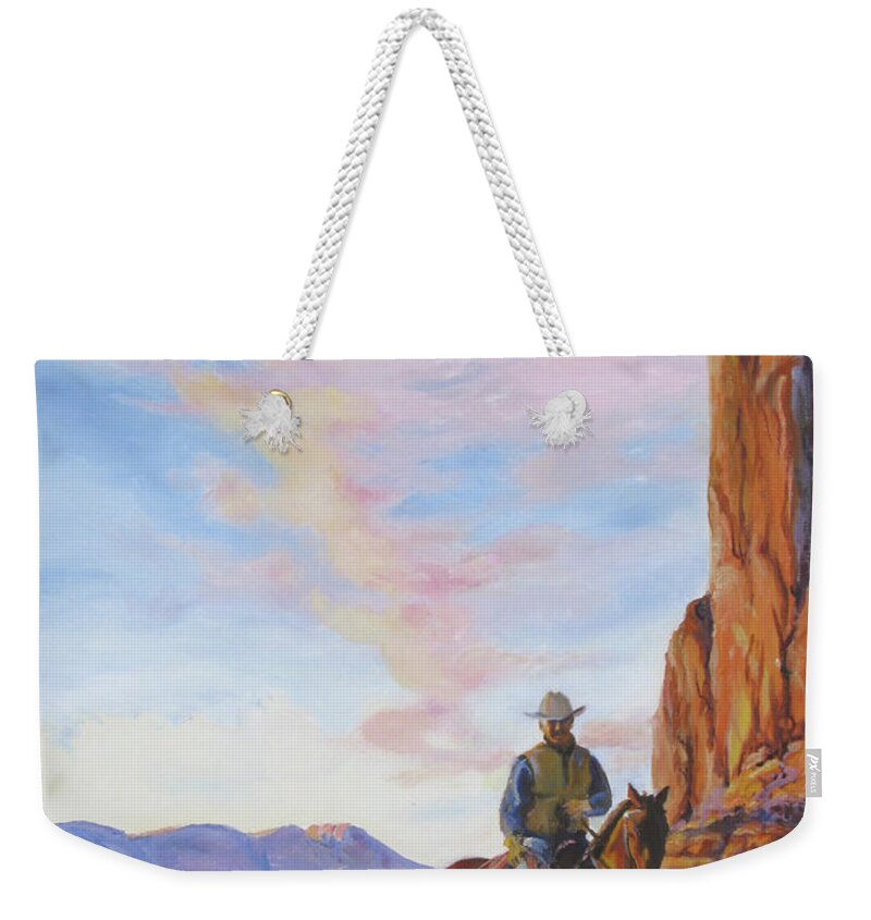 Rider Weekender Tote Bag featuring the painting Last Light With a Mile to Go by Page Holland