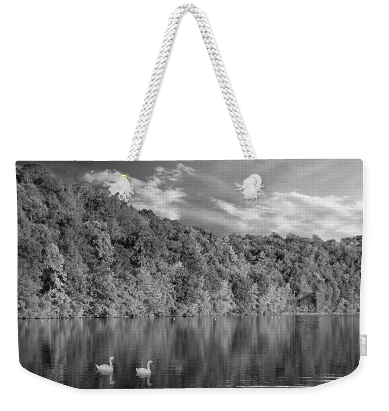 Lake Weekender Tote Bag featuring the photograph Late Afternoon at the Lake - BW by David Dehner